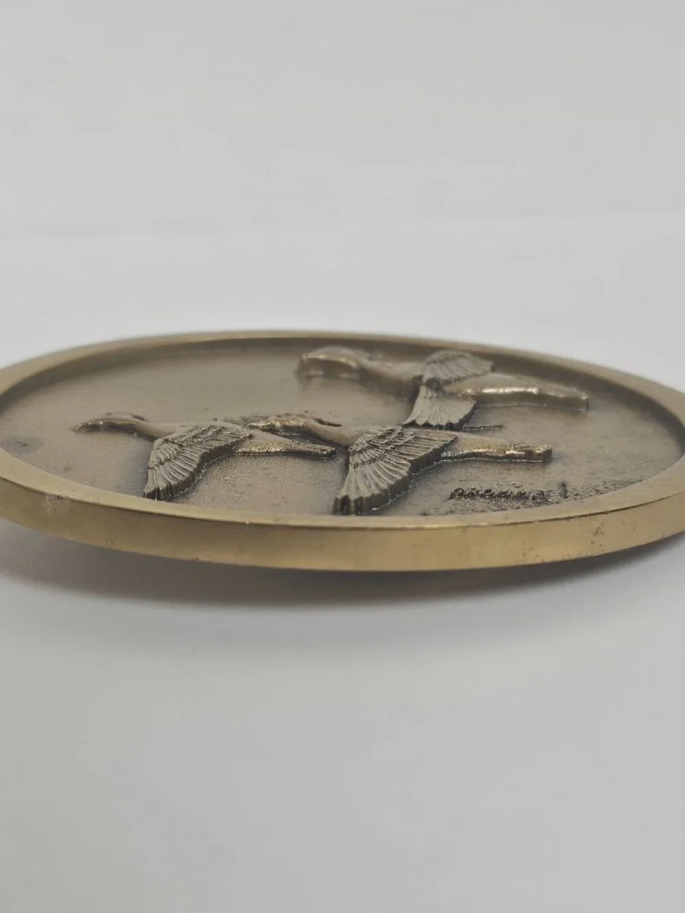 Owen Gromme Designed Three Wood Ducks Over Marsh 1980's Brass Tone Belt Buckle